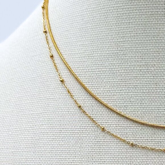 DAINTY DOUBLE layered Necklace Gold Snake chain Gold Beaded Satellite Chain - Picture 12 of 13